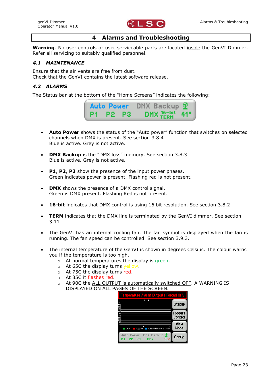 4 alarms and troubleshooting, 1 maintenance, 2 alarms | Alarms and troubleshooting, Maintenance, Alarms | LSC Lighting GenVI User Manual | Page 27 / 34