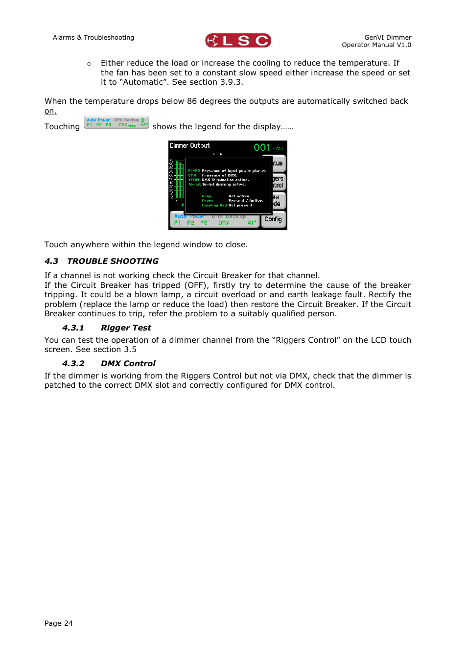 3 trouble shooting, 1 rigger test, 2 dmx control | Trouble shooting, Rigger test, Dmx control | LSC Lighting GenVI User Manual | Page 28 / 34