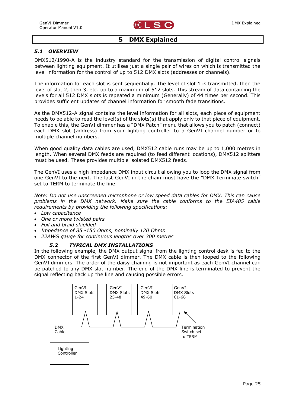 5 dmx explained, 1 overview, 2 typical dmx installations | Dmx explained, Overview, Typical dmx installations | LSC Lighting GenVI User Manual | Page 29 / 34