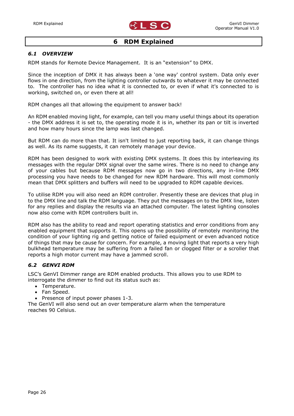 6 rdm explained, 1 overview, 2 genvi rdm | Rdm explained, Overview, Genvi rdm | LSC Lighting GenVI User Manual | Page 30 / 34