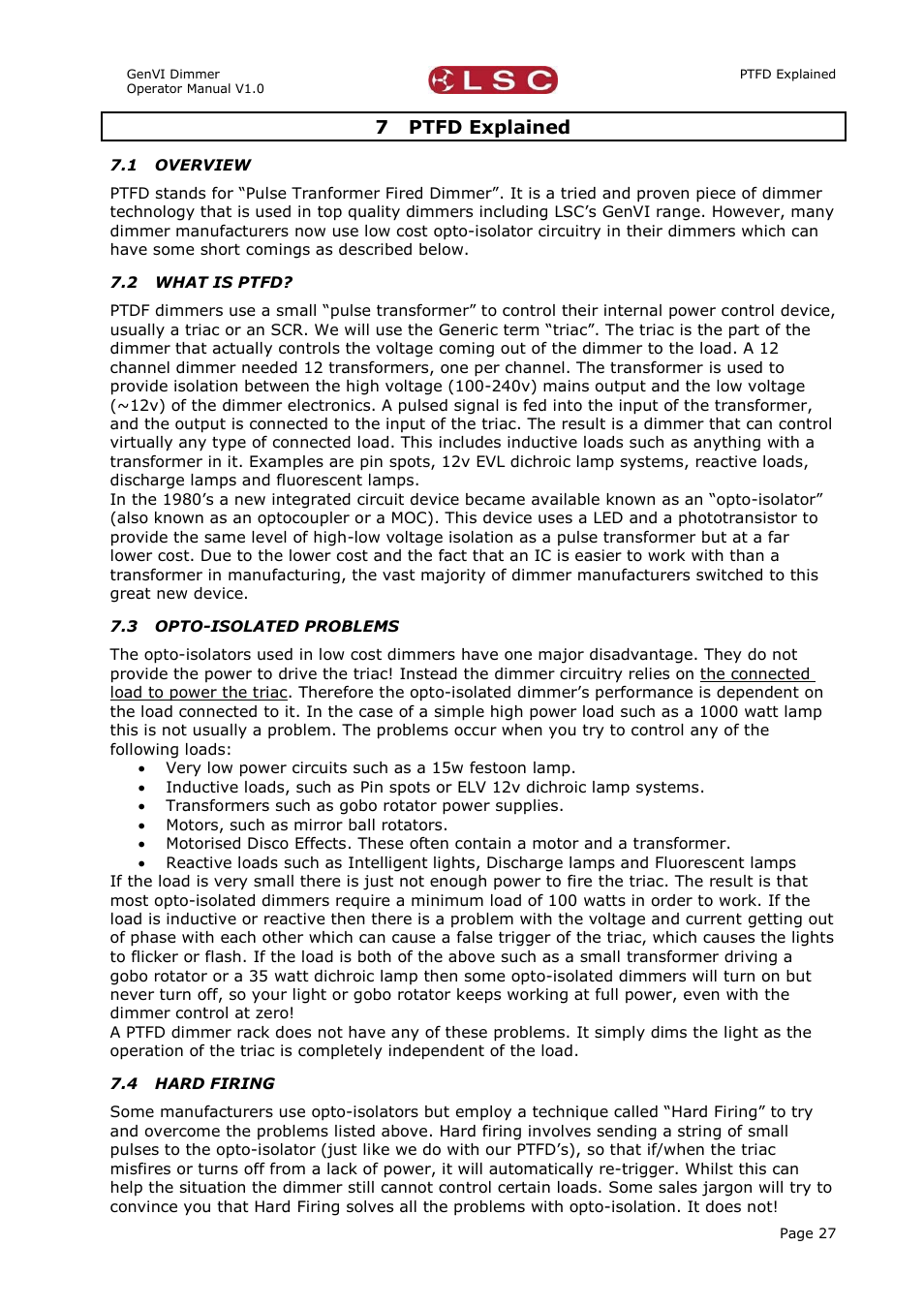 7 ptfd explained, 1 overview, 2 what is ptfd | 3 opto-isolated problems, 4 hard firing, Ptfd explained, Overview, What is ptfd, Opto-isolated problems, Hard firing | LSC Lighting GenVI User Manual | Page 31 / 34