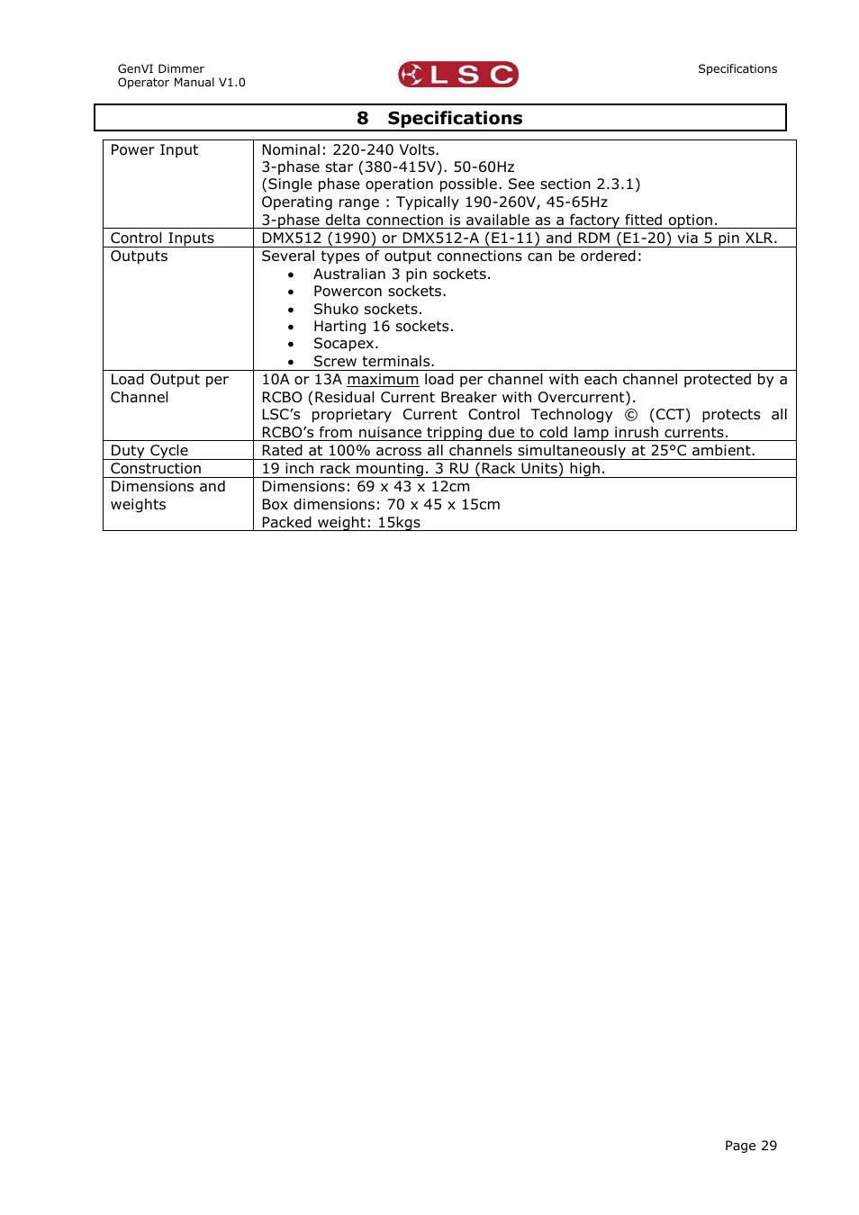 8 specifications, Specifications | LSC Lighting GenVI User Manual | Page 33 / 34