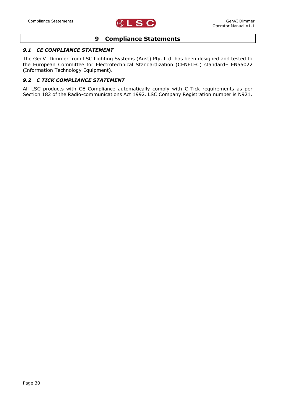 9 compliance statements, 1 ce compliance statement, 2 c tick compliance statement | Compliance statements, Ce compliance statement, C tick compliance statement | LSC Lighting GenVI User Manual | Page 34 / 34