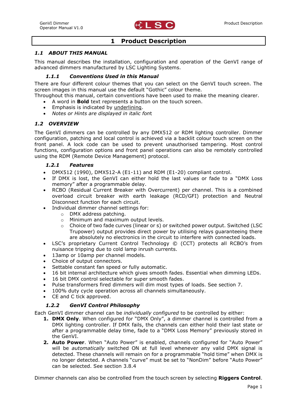 1 product description, 1 about this manual, 1 conventions used in this manual | 2 overview, 1 features, 2 genvi control philosophy, Product description, About this manual, Conventions used in this manual, Overview | LSC Lighting GenVI User Manual | Page 5 / 34