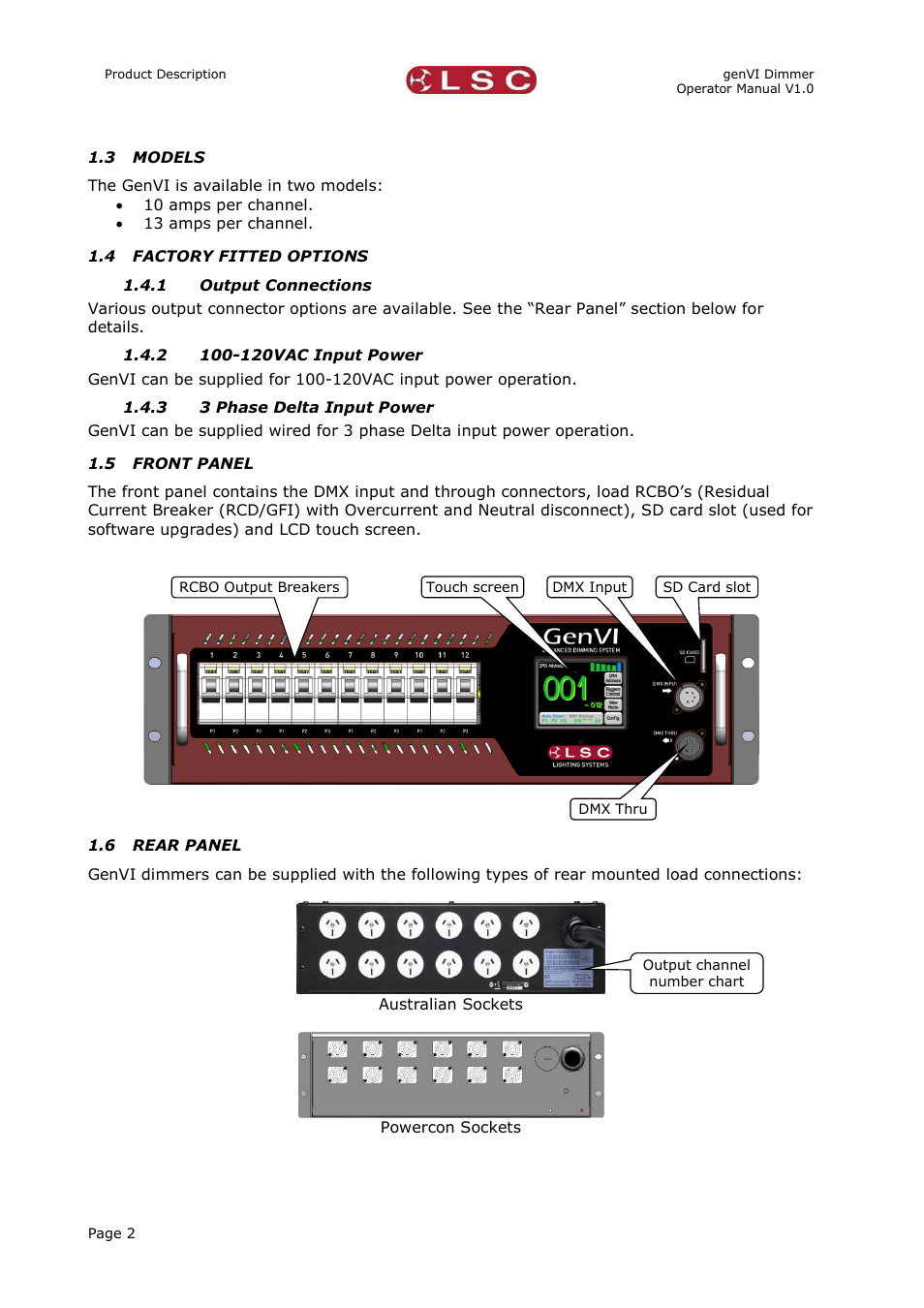 3 models, 4 factory fitted options, 1 output connections | 2 100-120vac input power, 3 3 phase delta input power, 5 front panel, 6 rear panel, Models, Factory fitted options, Output connections | LSC Lighting GenVI User Manual | Page 6 / 34