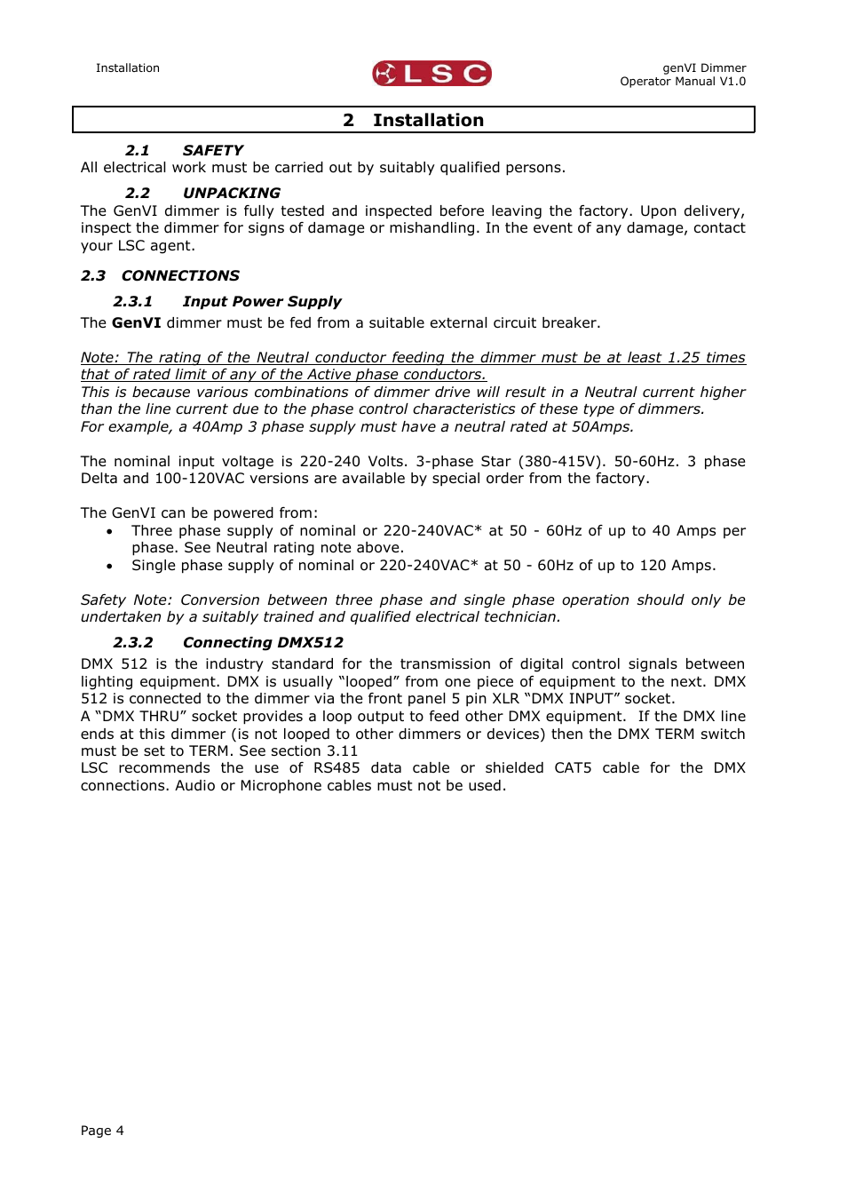 2 installation, 1 safety, 2 unpacking | 3 connections, 1 input power supply, 2 connecting dmx512, Installation, Safety, Unpacking, Connections | LSC Lighting GenVI User Manual | Page 8 / 34