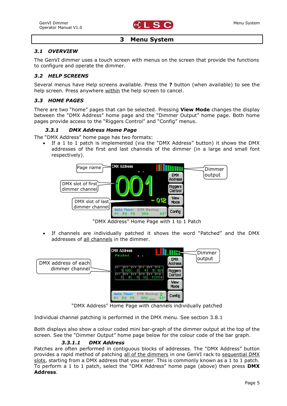 3 menu system, 1 overview, 2 help screens | 1 dmx address, Menu system, Overview, Help screens | LSC Lighting GenVI User Manual | Page 9 / 34