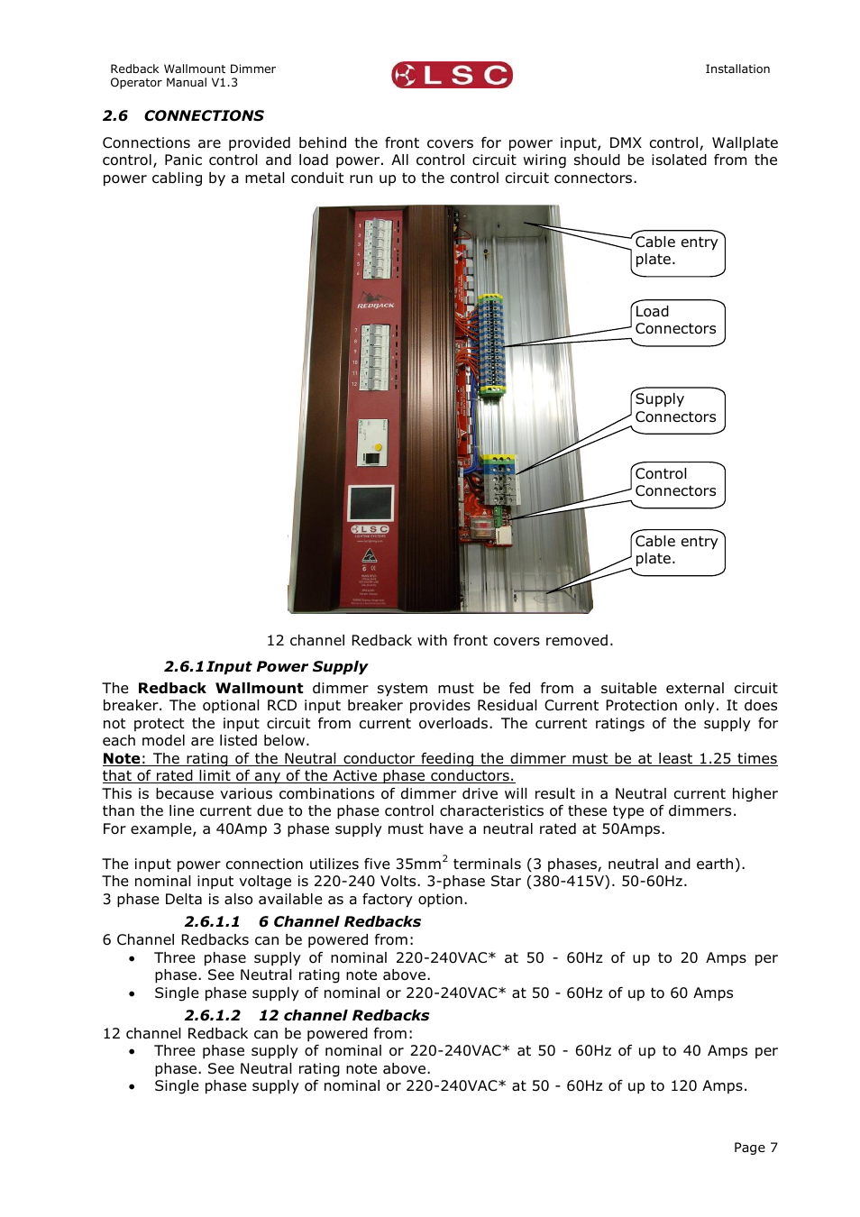 Connections, Input power supply | LSC Lighting Redback Wallmount Operators Manual User Manual | Page 11 / 49