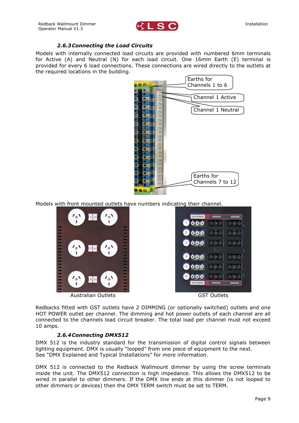 Connecting the load circuits, Connecting dmx512 | LSC Lighting Redback Wallmount Operators Manual User Manual | Page 13 / 49
