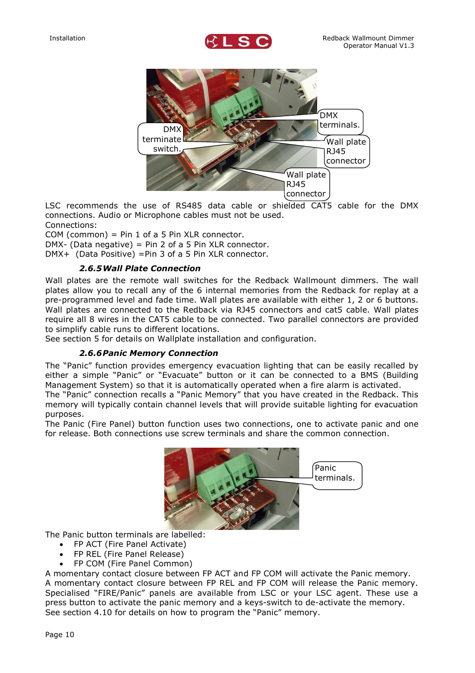 Wall plate connection, Panic memory connection | LSC Lighting Redback Wallmount Operators Manual User Manual | Page 14 / 49
