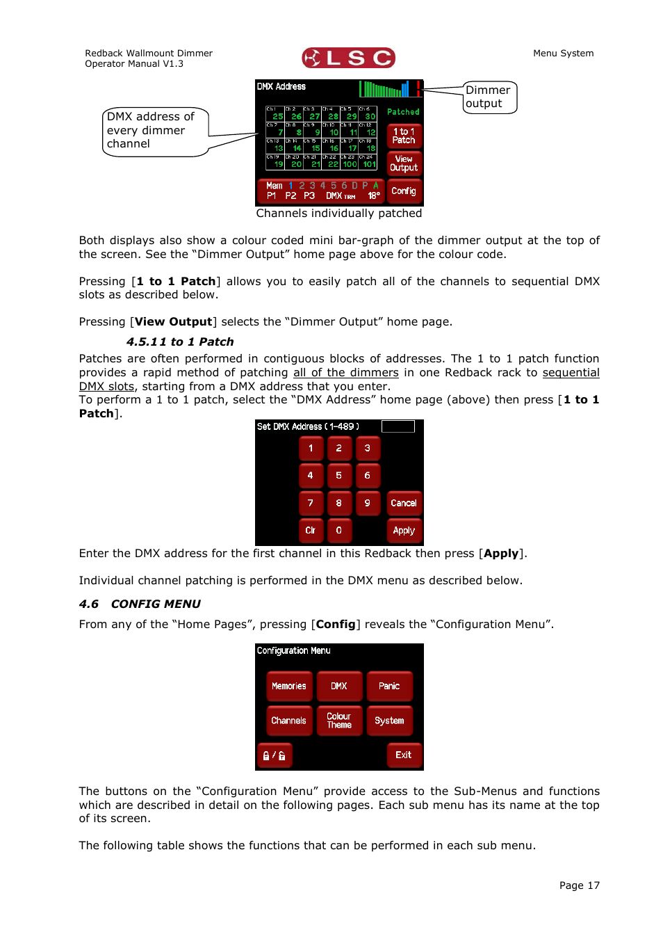 1 to 1 patch, Config menu | LSC Lighting Redback Wallmount Operators Manual User Manual | Page 21 / 49