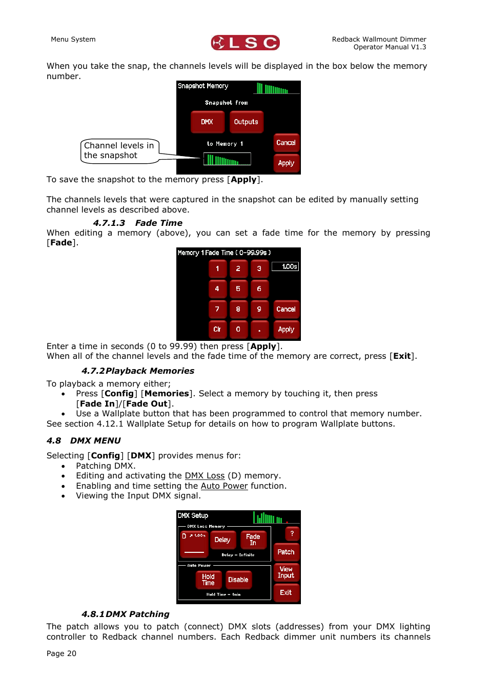 Playback memories, Dmx menu, Dmx patching | LSC Lighting Redback Wallmount Operators Manual User Manual | Page 24 / 49