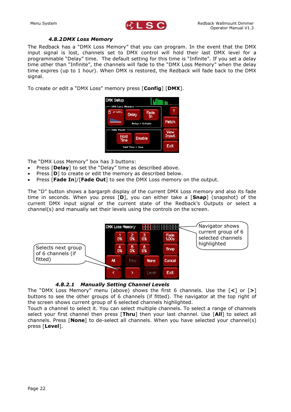 Dmx loss memory | LSC Lighting Redback Wallmount Operators Manual User Manual | Page 26 / 49
