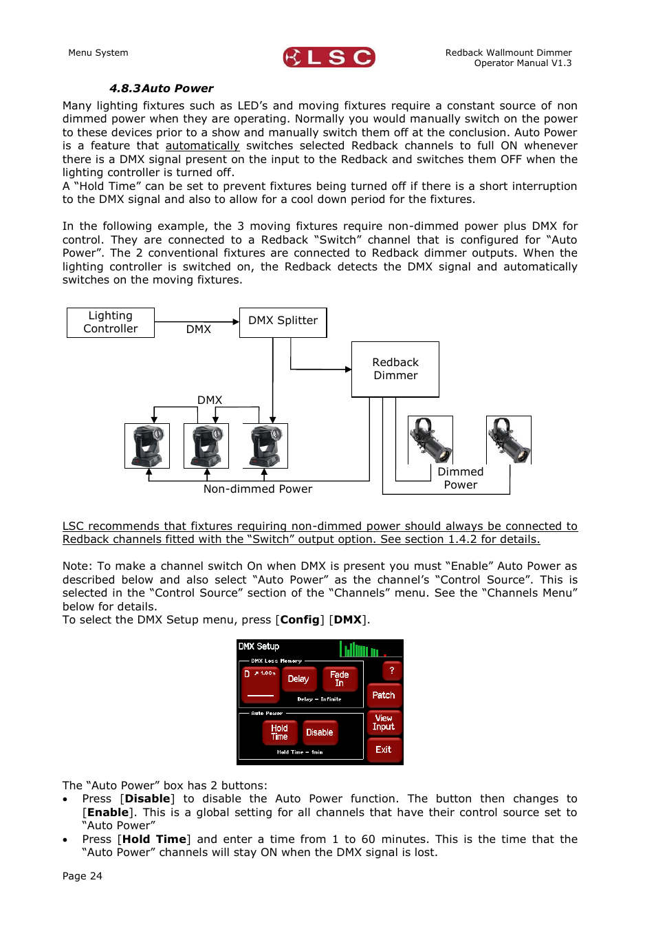 Auto power | LSC Lighting Redback Wallmount Operators Manual User Manual | Page 28 / 49