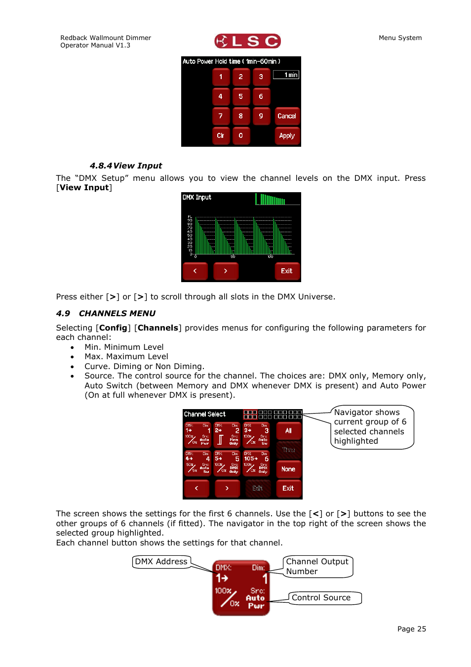 View input, Channels menu | LSC Lighting Redback Wallmount Operators Manual User Manual | Page 29 / 49