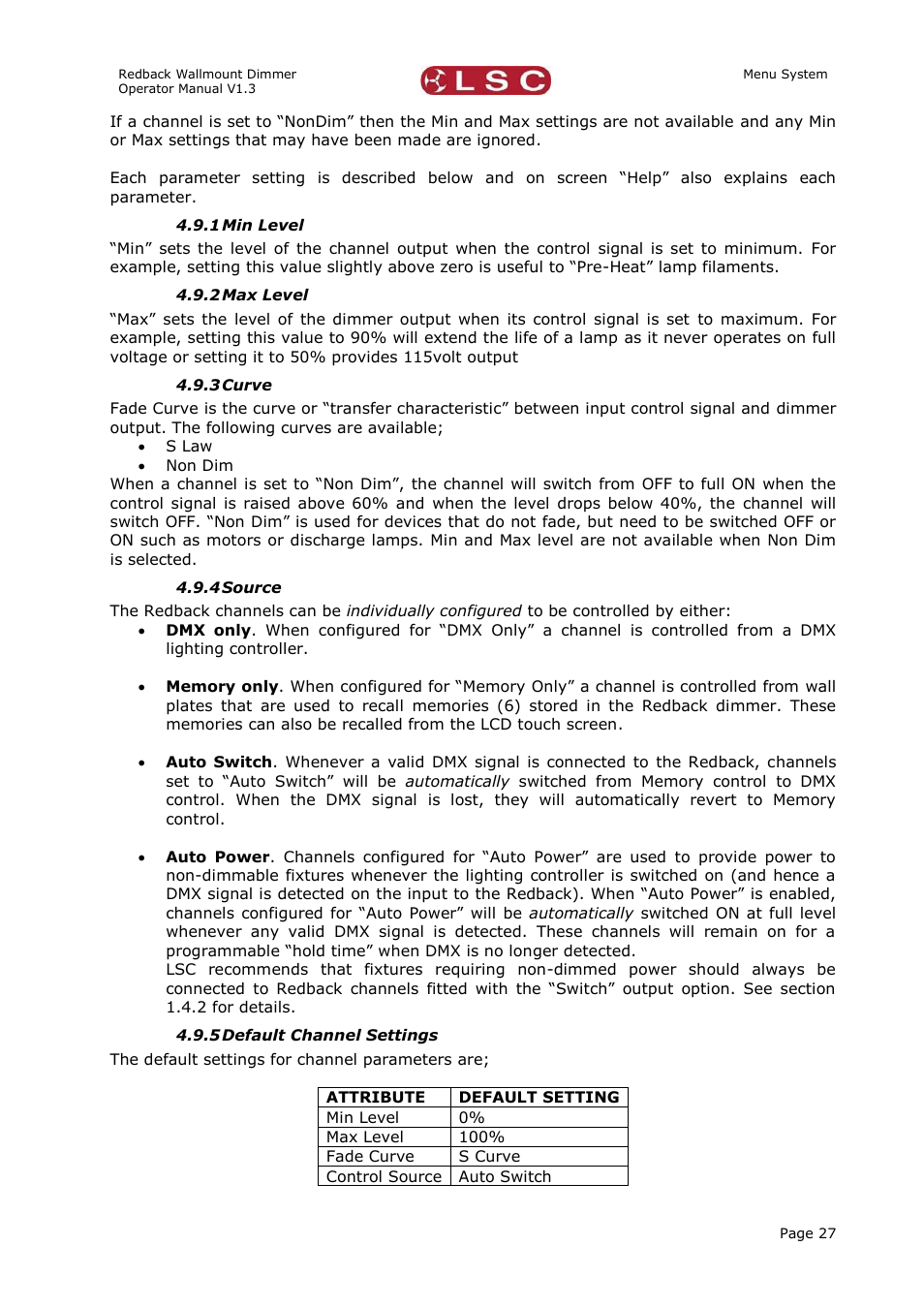 Min level, Max level, Curve | Source, Default channel settings | LSC Lighting Redback Wallmount Operators Manual User Manual | Page 31 / 49
