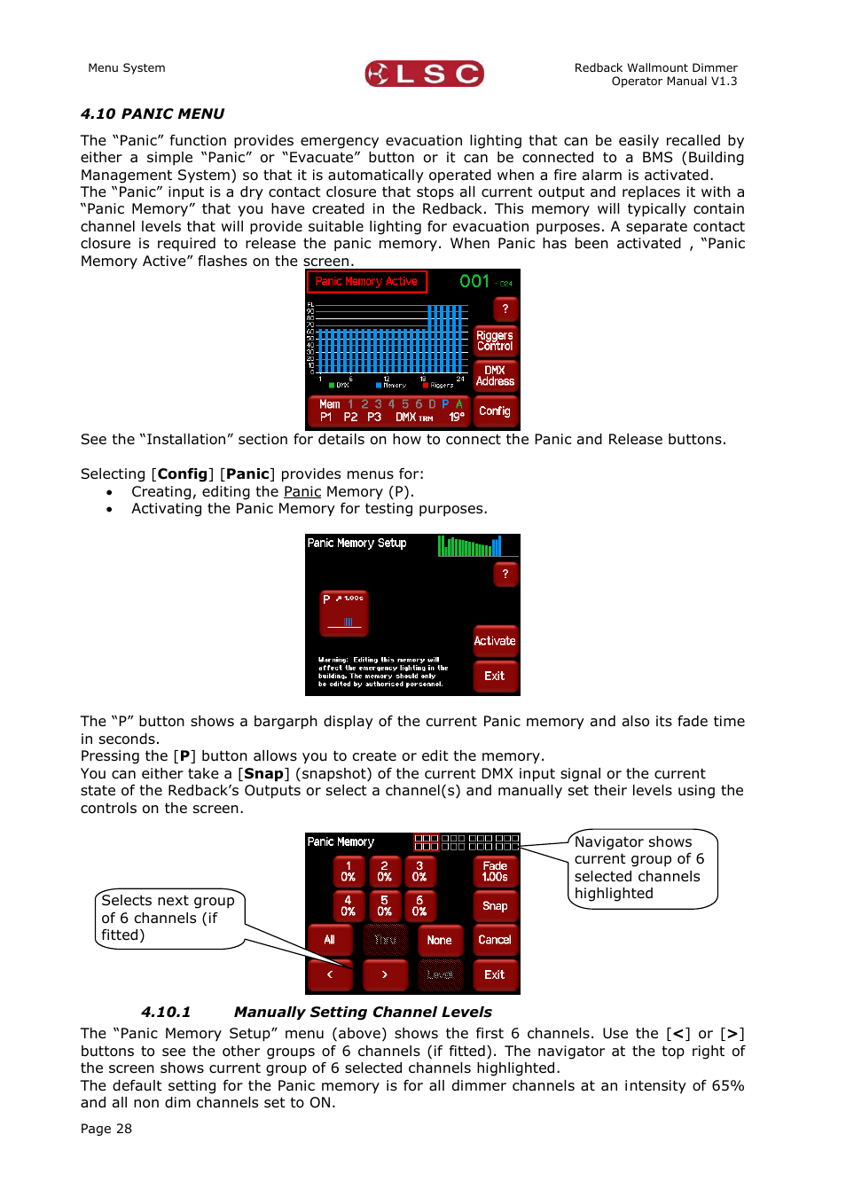 Panic menu, Manually setting channel levels | LSC Lighting Redback Wallmount Operators Manual User Manual | Page 32 / 49
