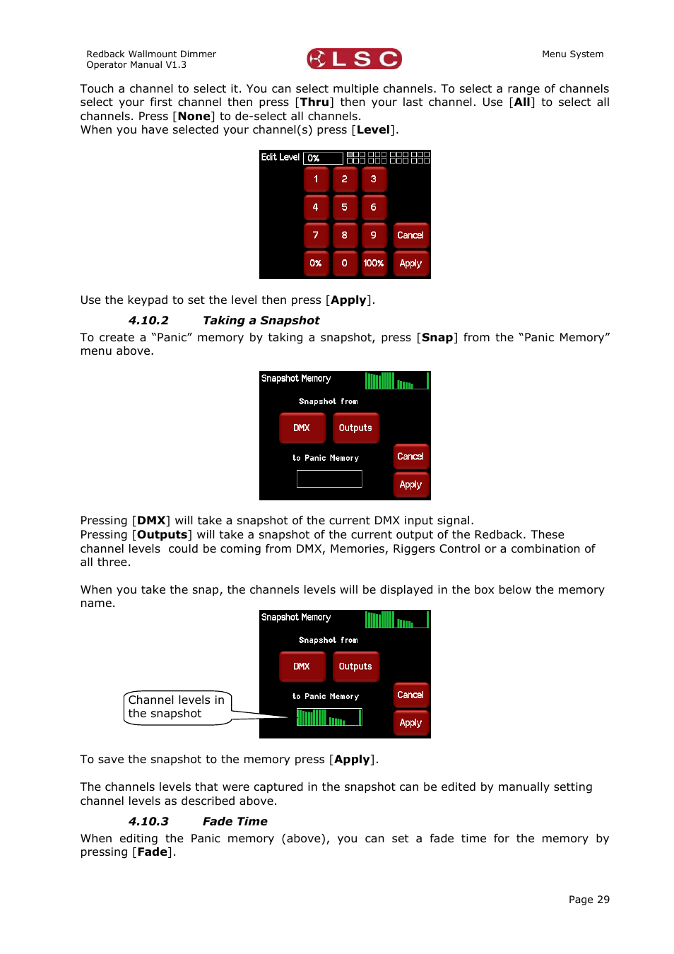 Taking a snapshot, Fade time | LSC Lighting Redback Wallmount Operators Manual User Manual | Page 33 / 49