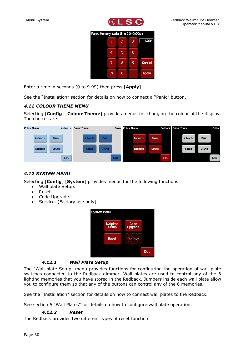 Colour theme menu, System menu, Wall plate setup | Reset | LSC Lighting Redback Wallmount Operators Manual User Manual | Page 34 / 49