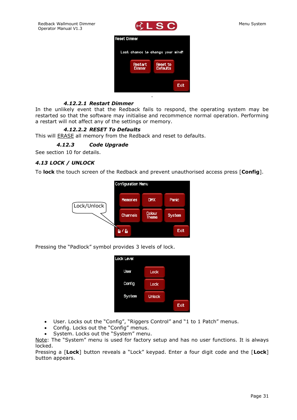 Code upgrade, Lock / unlock | LSC Lighting Redback Wallmount Operators Manual User Manual | Page 35 / 49