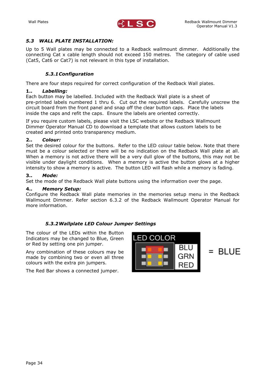 Wall plate installation, Configuration, Wallplate led colour jumper settings | LSC Lighting Redback Wallmount Operators Manual User Manual | Page 38 / 49