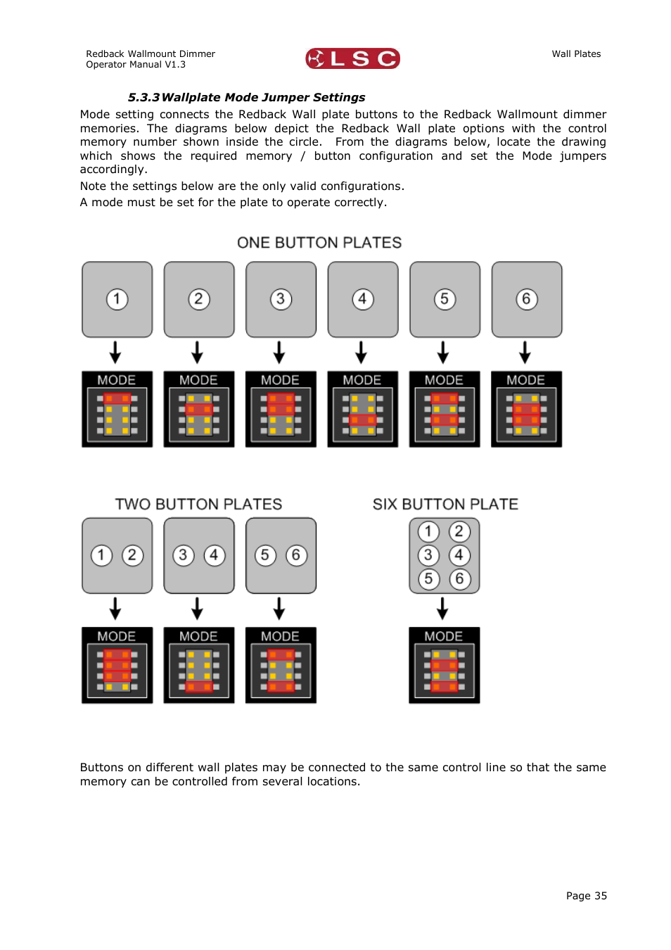 Wallplate mode jumper settings | LSC Lighting Redback Wallmount Operators Manual User Manual | Page 39 / 49