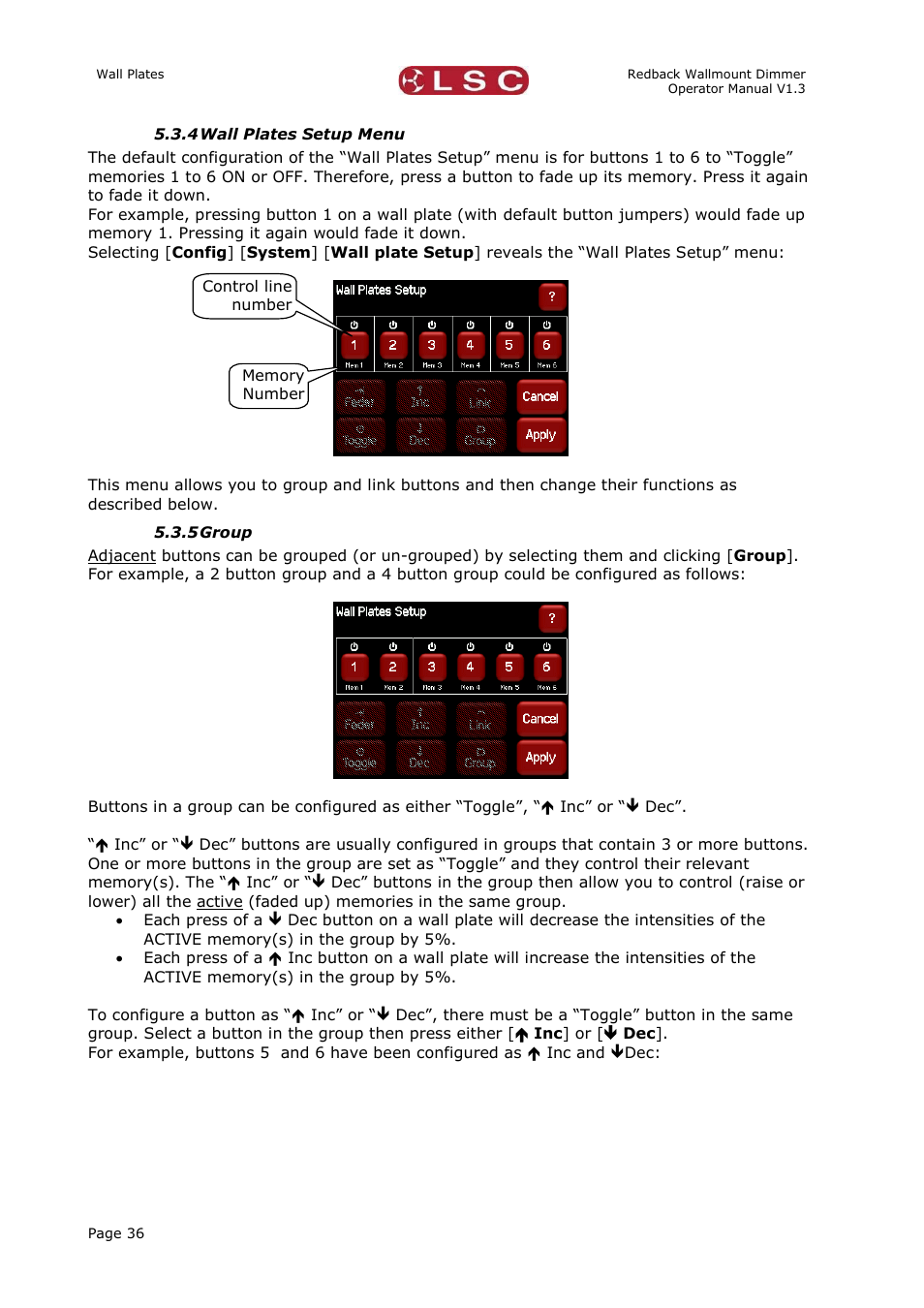 Wall plates setup menu, Group | LSC Lighting Redback Wallmount Operators Manual User Manual | Page 40 / 49