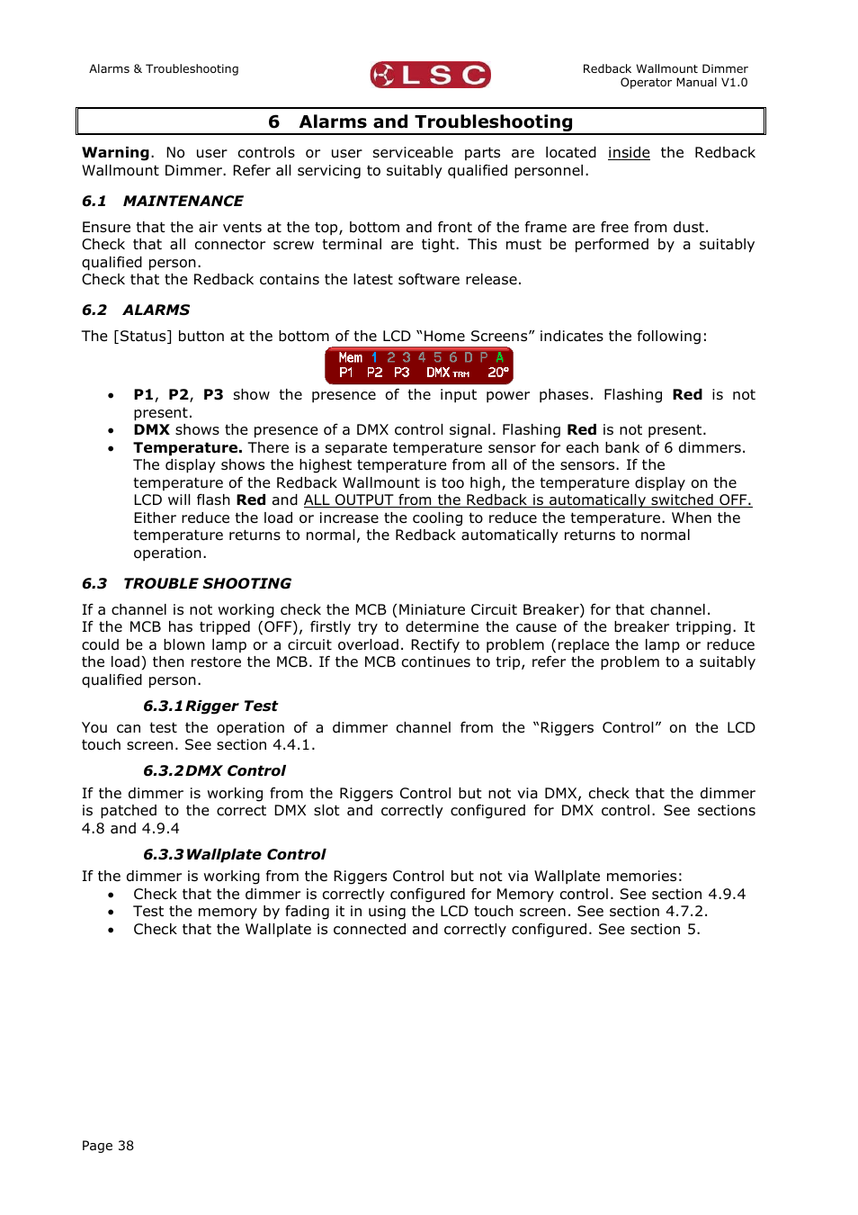 Alarms and troubleshooting, Maintenance, Alarms | Trouble shooting, Rigger test, Dmx control, Wallplate control, 6 alarms and troubleshooting | LSC Lighting Redback Wallmount Operators Manual User Manual | Page 42 / 49