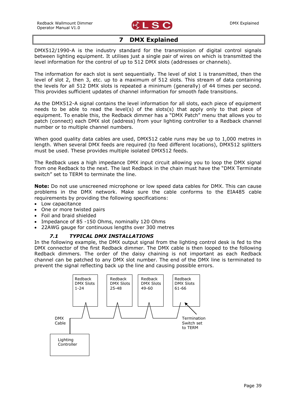 Dmx explained, Typical dmx installations, 7 dmx explained | LSC Lighting Redback Wallmount Operators Manual User Manual | Page 43 / 49
