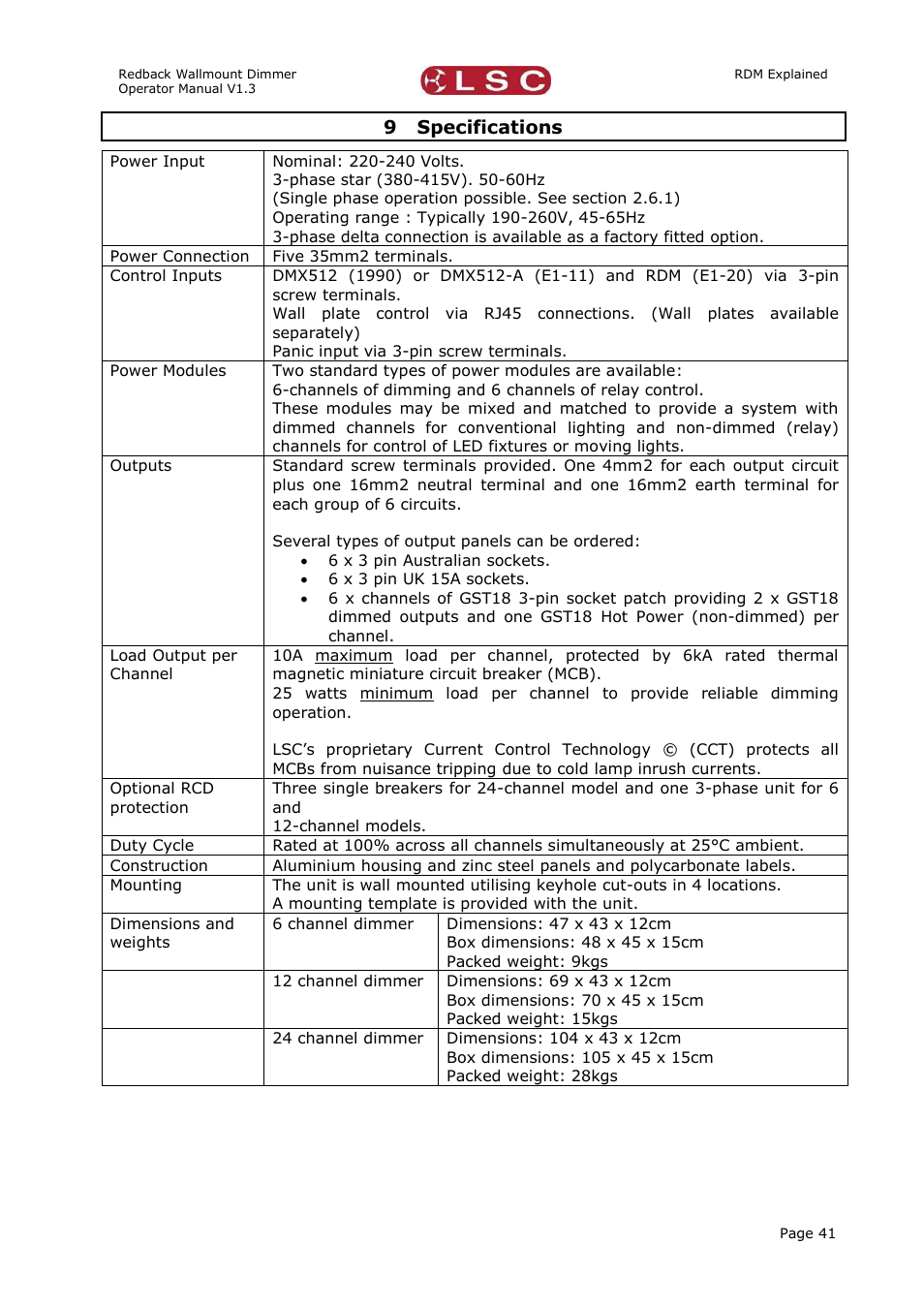 Specifications, 9 specifications | LSC Lighting Redback Wallmount Operators Manual User Manual | Page 45 / 49