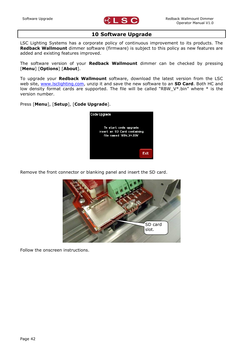 Software upgrade, 10 software upgrade | LSC Lighting Redback Wallmount Operators Manual User Manual | Page 46 / 49