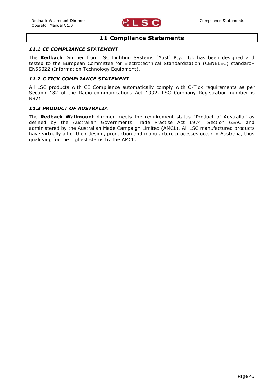 Compliance statements, Ce compliance statement, C tick compliance statement | Product of australia, 11 compliance statements | LSC Lighting Redback Wallmount Operators Manual User Manual | Page 47 / 49