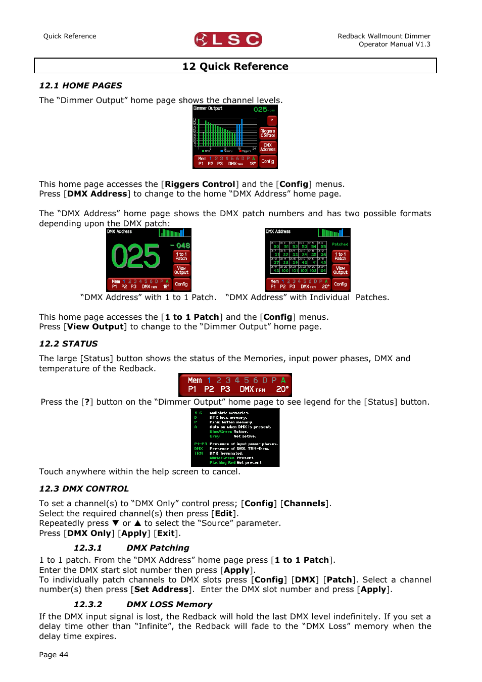 Quick reference, Status, Dmx control | Dmx patching, Dmx loss memory, 12 quick reference | LSC Lighting Redback Wallmount Operators Manual User Manual | Page 48 / 49