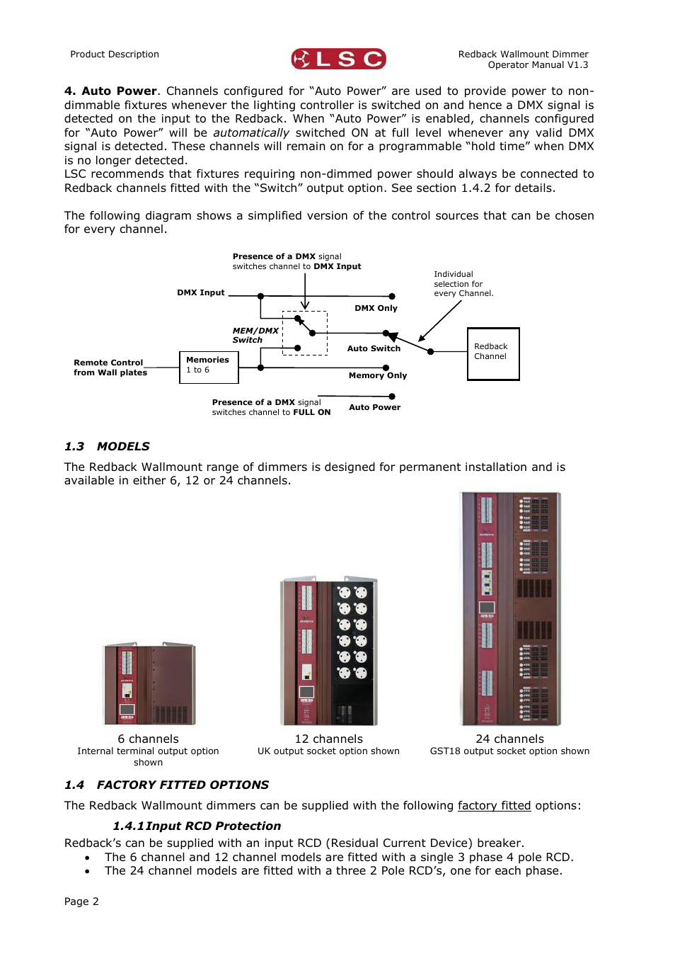 Models, Factory fitted options, Input rcd protection | LSC Lighting Redback Wallmount Operators Manual User Manual | Page 6 / 49