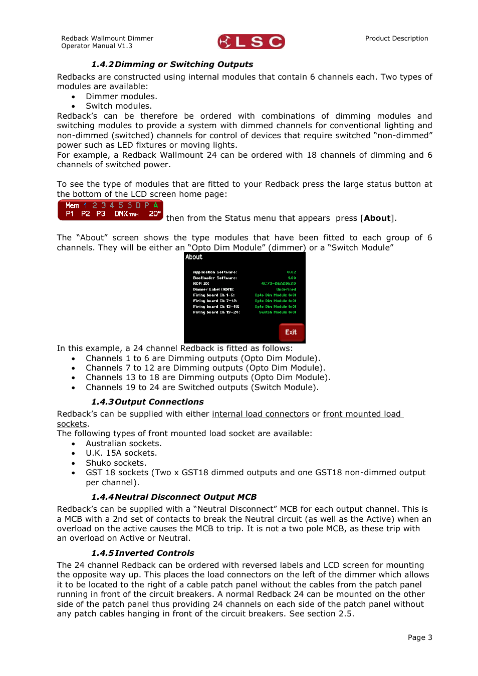 Dimming or switching outputs, Output connections, Neutral disconnect output mcb | Inverted controls | LSC Lighting Redback Wallmount Operators Manual User Manual | Page 7 / 49