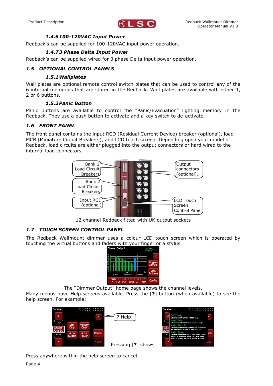 120vac input power, 3 phase delta input power, Optional control panels | Wallplates, Panic button, Front panel, Touch screen control panel | LSC Lighting Redback Wallmount Operators Manual User Manual | Page 8 / 49