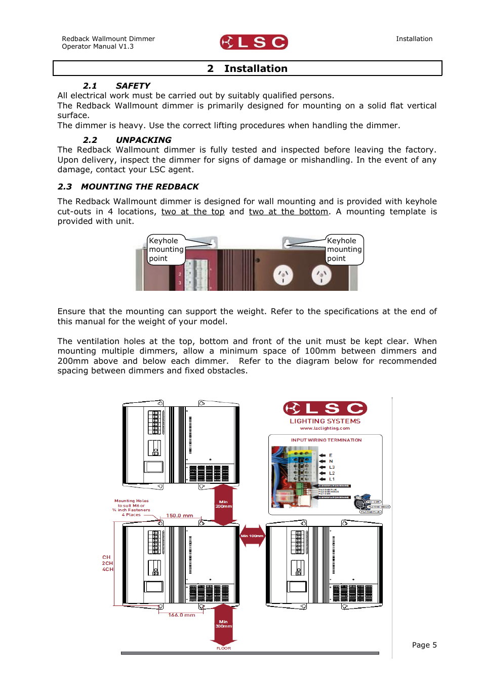 Installation, Safety, Unpacking | Mounting the redback, 2 installation | LSC Lighting Redback Wallmount Operators Manual User Manual | Page 9 / 49