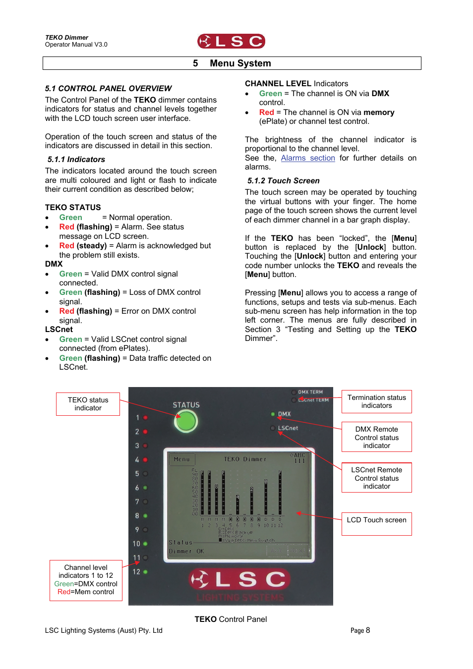 5 menu system, 1 control panel overview, 1 indicators | 2 touch screen, Menu system, Sect | LSC Lighting TEKO User Manual | Page 10 / 36