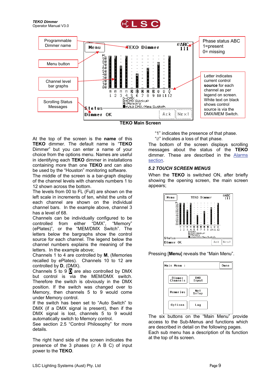 2 touch screen menus | LSC Lighting TEKO User Manual | Page 11 / 36