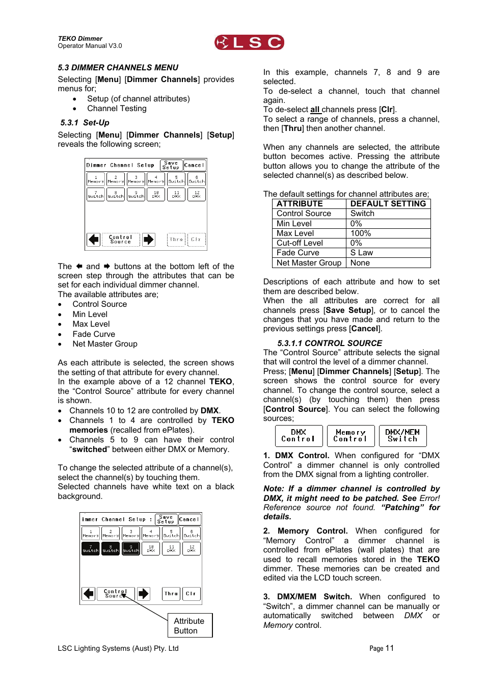 3 dimmer channels menu, 1 set-up, 1 control source | Ction, Control source | LSC Lighting TEKO User Manual | Page 13 / 36