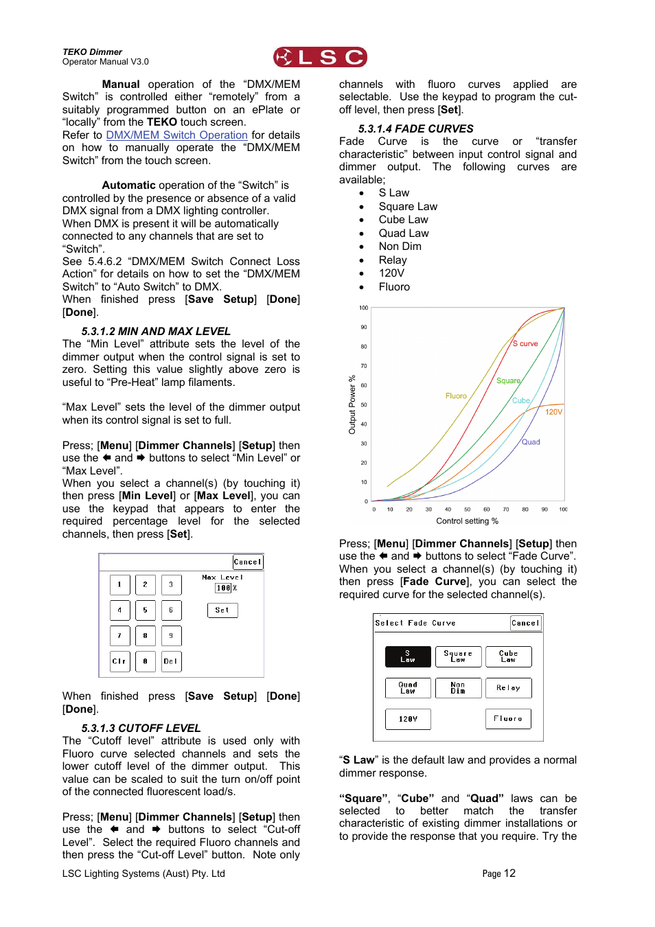 2 min and max level, 3 cutoff level, 4 fade curves | Ction, Min and max levels, Fade curves | LSC Lighting TEKO User Manual | Page 14 / 36