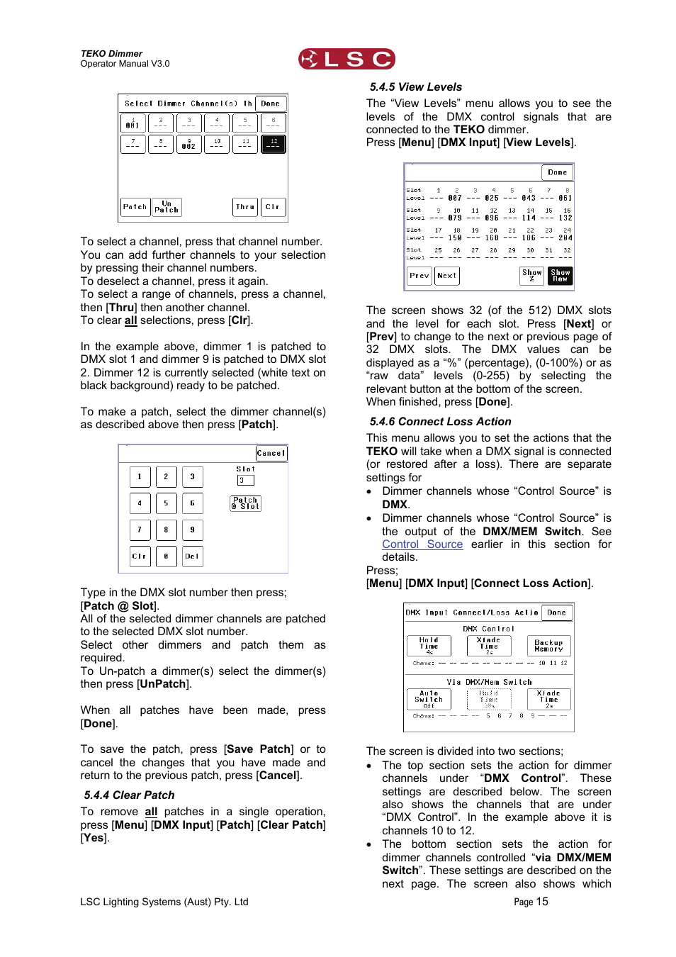 4 clear patch, 5 view levels, 6 connect loss action | Connect loss action | LSC Lighting TEKO User Manual | Page 17 / 36