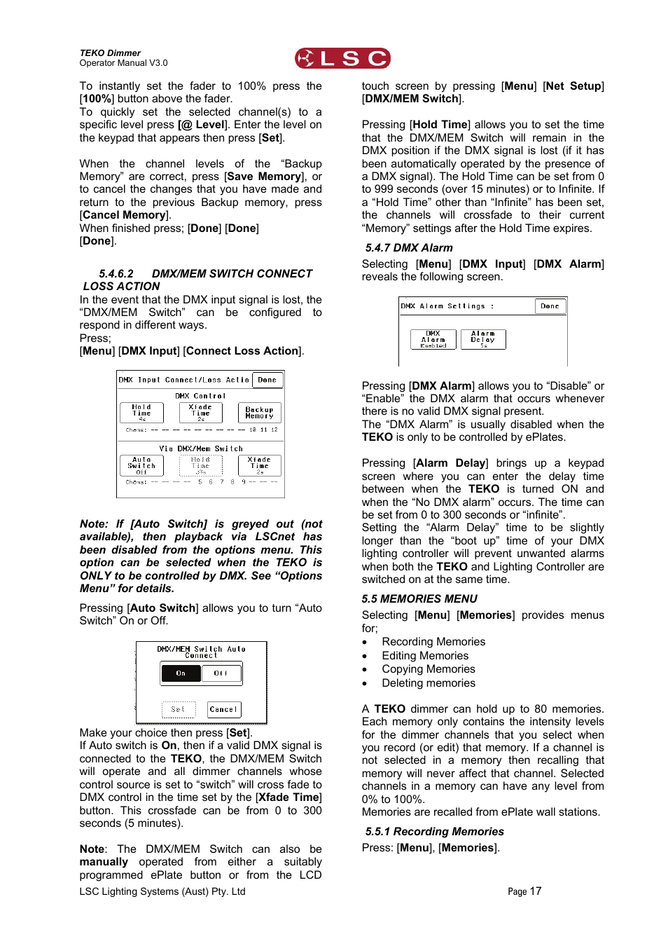 2 dmx/mem switch connect loss action, 7 dmx alarm, 5 memories menu | 1 recording memories, Ction, Dmx/mem switch connect loss, Action, Dmx alarm | LSC Lighting TEKO User Manual | Page 19 / 36