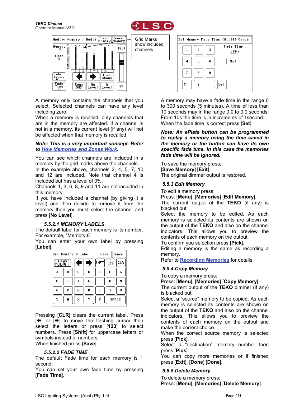 1 memory labels, 2 fade time, 3 edit memory | 4 copy memory, 5 delete memory | LSC Lighting TEKO User Manual | Page 21 / 36