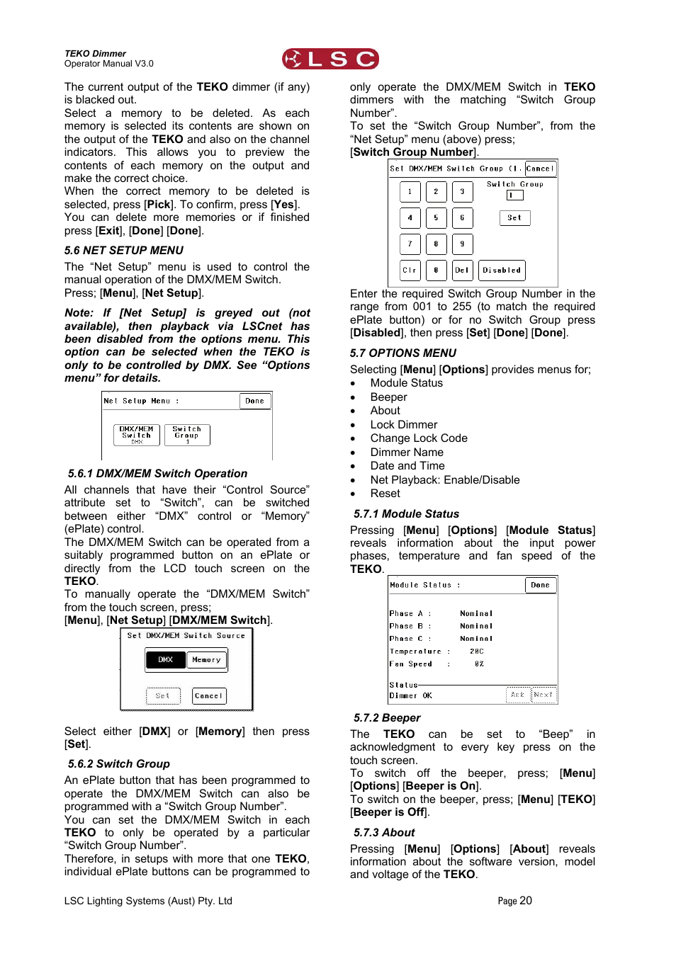 6 net setup menu, 1 dmx/mem switch operation, 2 switch group | 7 options menu, 1 module status, 2 beeper, 3 about, Dmx/mem switch operation, Switch group | LSC Lighting TEKO User Manual | Page 22 / 36