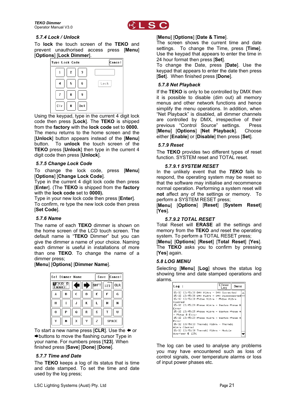 4 lock / unlock, 5 change lock code, 6 name | 7 time and date, 8 net playback, 9 reset, 1 system reset, 2 total reset, 8 log menu, Ction | LSC Lighting TEKO User Manual | Page 23 / 36