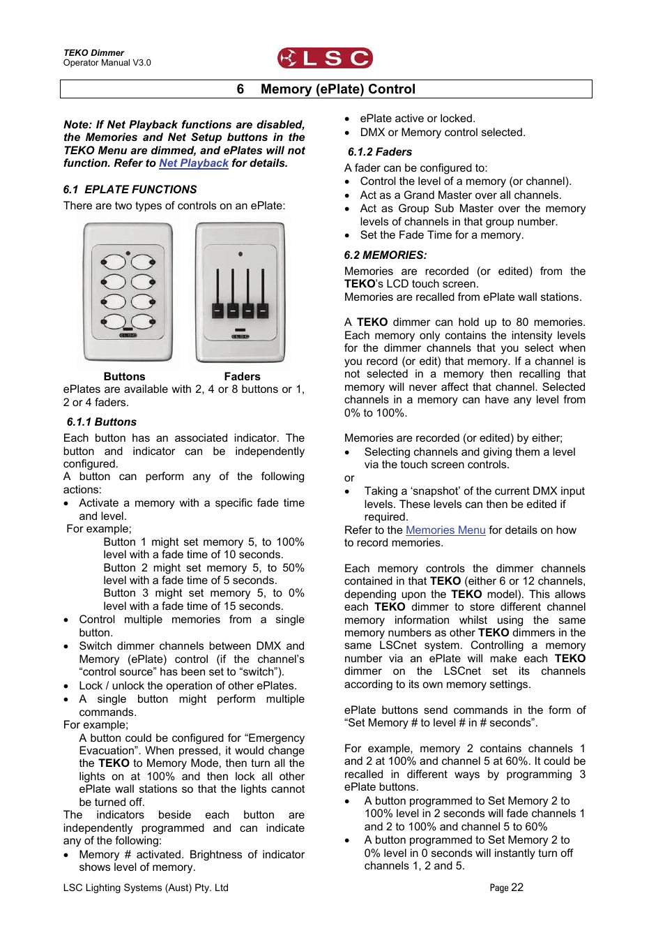 6 memory (eplate) control, 1 eplate functions, 1 buttons | 2 faders, 2 memories, Memory (eplate) control, Ction, Memory control | LSC Lighting TEKO User Manual | Page 24 / 36