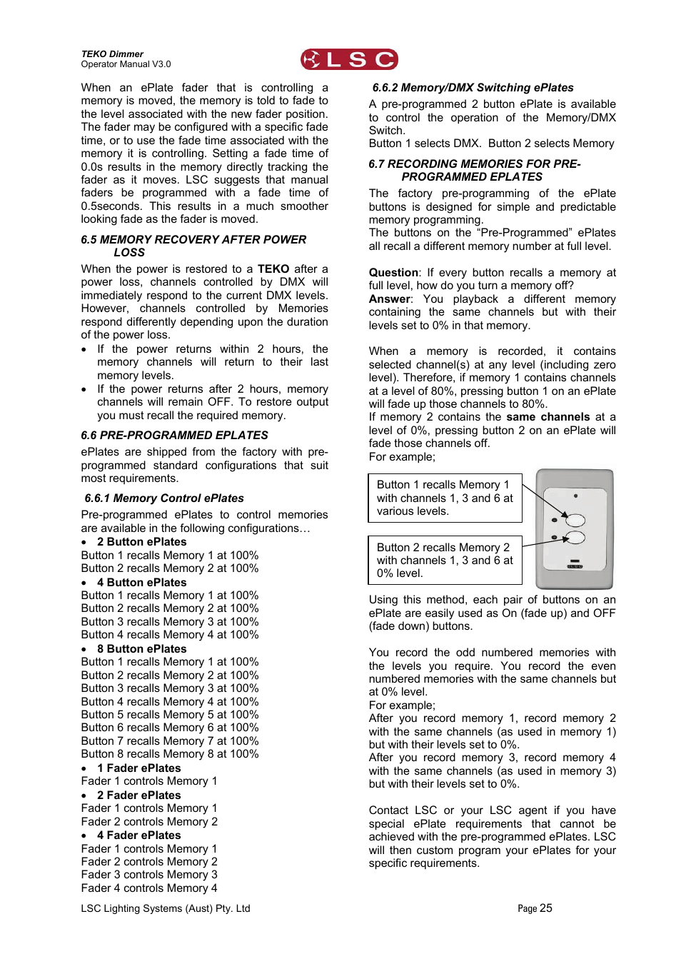 5 memory recovery after power loss, 6 pre-programmed eplates, 1 memory control eplates | 2 memory/dmx switching eplates, 7 recording memories for pre-programmed eplates, 7 recording memories for pre-programmed eplates 25 | LSC Lighting TEKO User Manual | Page 27 / 36