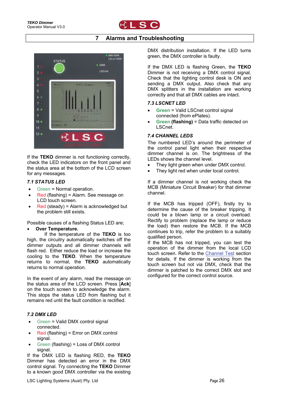 7 alarms and troubleshooting, 1 status led, 2 dmx led | 3 lscnet led, 4 channel leds, Alarms and troubleshooting, Alarms, Section | LSC Lighting TEKO User Manual | Page 28 / 36