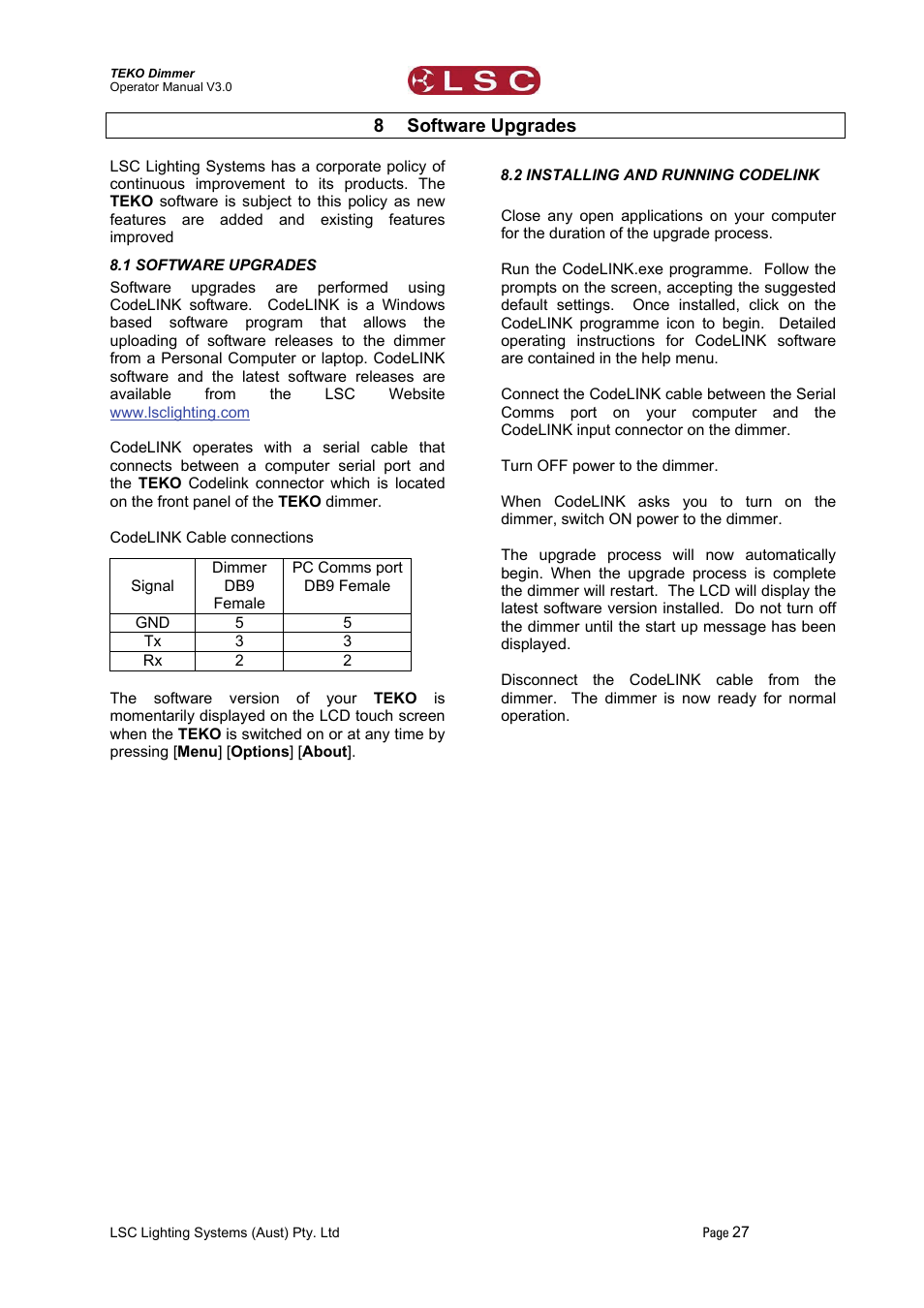 8 software upgrades, 1 software upgrades, 2 installing and running codelink | Software upgrades | LSC Lighting TEKO User Manual | Page 29 / 36